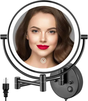 ALHAKIN 9" Wall Mounted Lighted Makeup Mirror, Large Double Sided 1X/10X Magnifying Mirror, 3 Color LED Vanity Mirror with Lights, Touch Dimmable 360° Swivel Light Up for Bathroom, Black