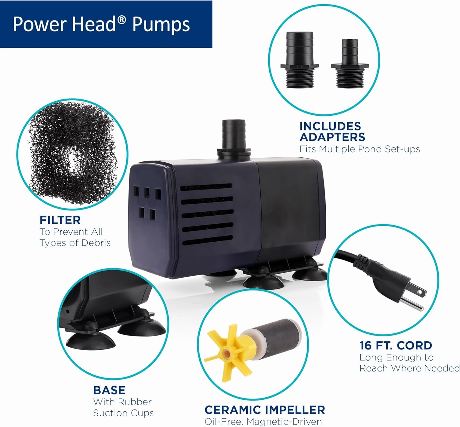 Alpine Corporation Outdoor Decor Power Head Pump 550 GPH for Large Fountains, Ponds, and birdbaths