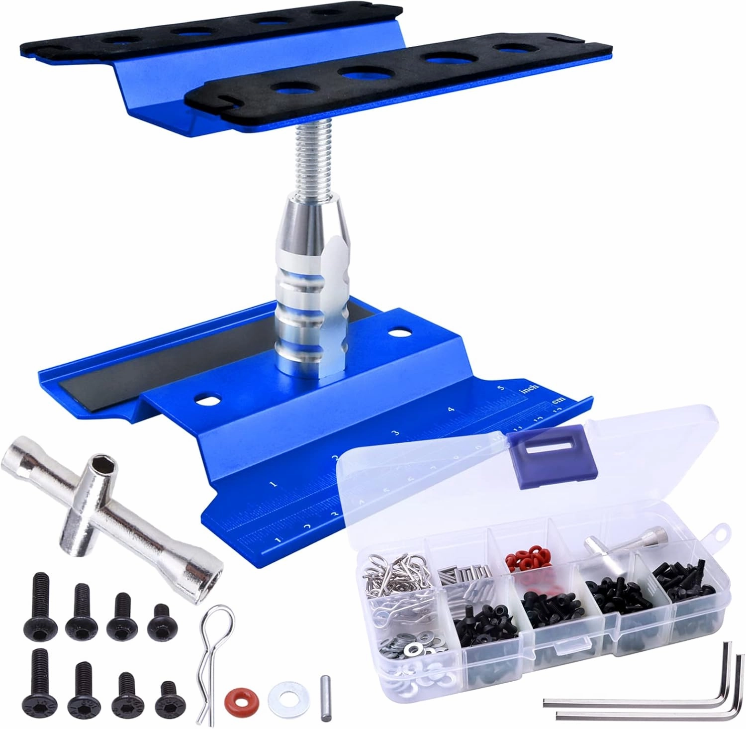 Aluminum Alloy RC Car Repair Work Stand Hobby Tool Set 360 Degree Rotation Lift/Lower and RC Screws Kit Repair Tool Box for 1/8 1/10 1/12 1/16 1/18 RC Car Truck Buggy Models (Navy Blue)