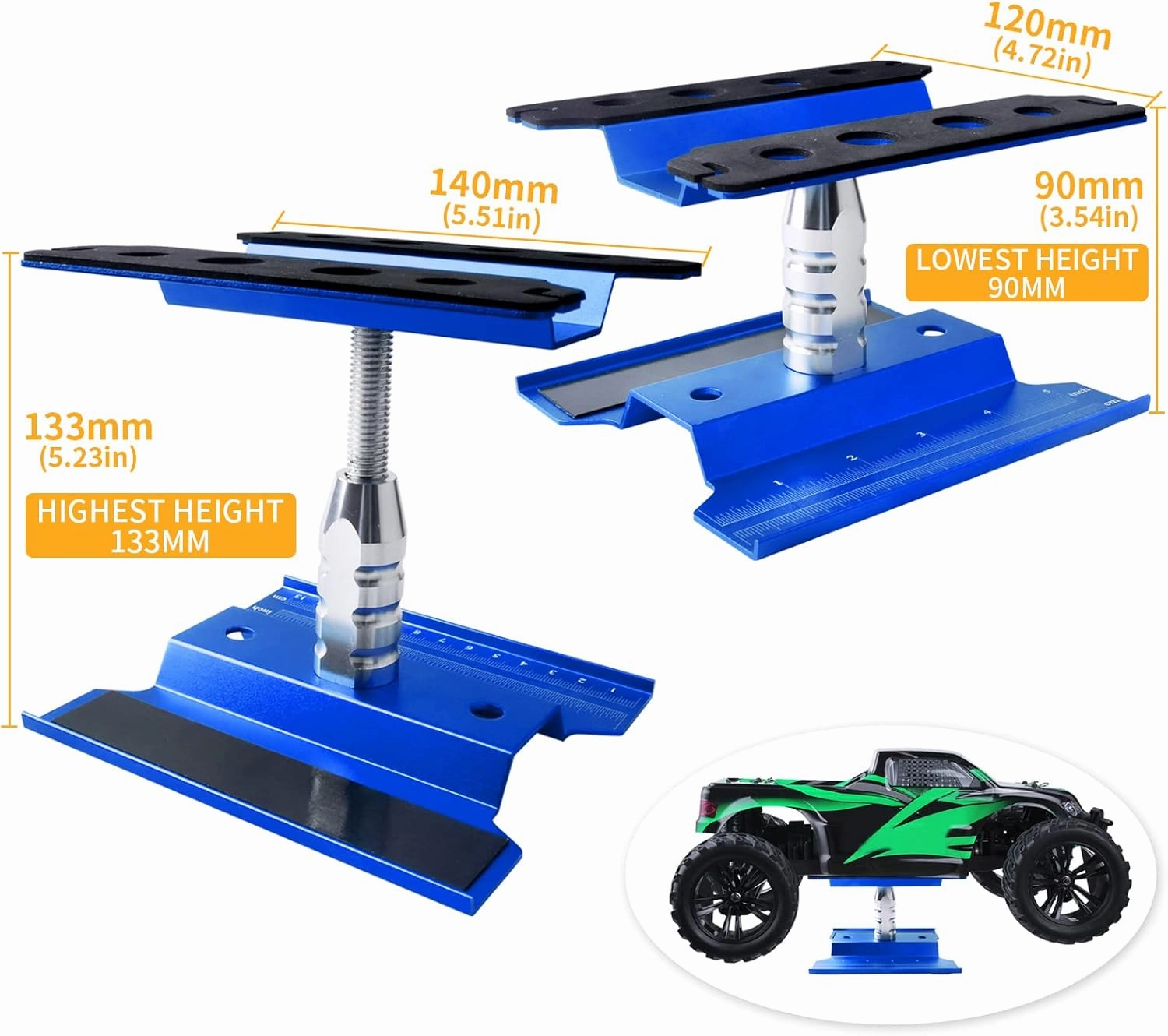Aluminum Alloy RC Car Repair Work Stand Hobby Tool Set 360 Degree Rotation Lift/Lower and RC Screws Kit Repair Tool Box for 1/8 1/10 1/12 1/16 1/18 RC Car Truck Buggy Models (Navy Blue)