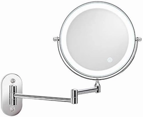 ALVOROG Wall Mounted Makeup Mirror 8 inches LED Touch Screen Adjustable Light Double Sided 1X/5X Magnifying Vanity Mirror Swivel Extendable for Bathroom Hotels Powered by Batteries (Not Included)