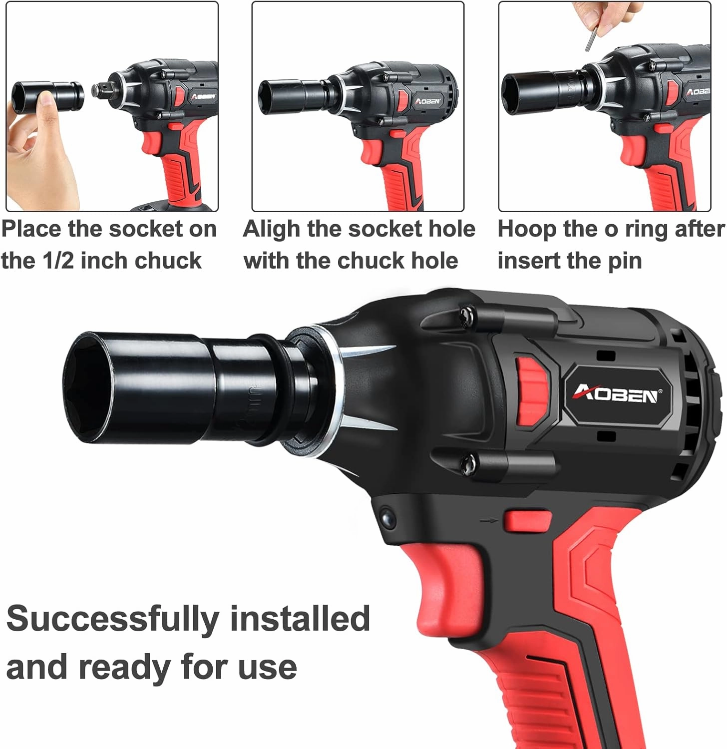 AOBEN 21V Cordless Impact Wrench, 400N.m Max Torque, 3000rpm Speed, 4.0Ah Li-ion Battery, 6Pcs Driver Sockets, Fast Charger, Tool Bag