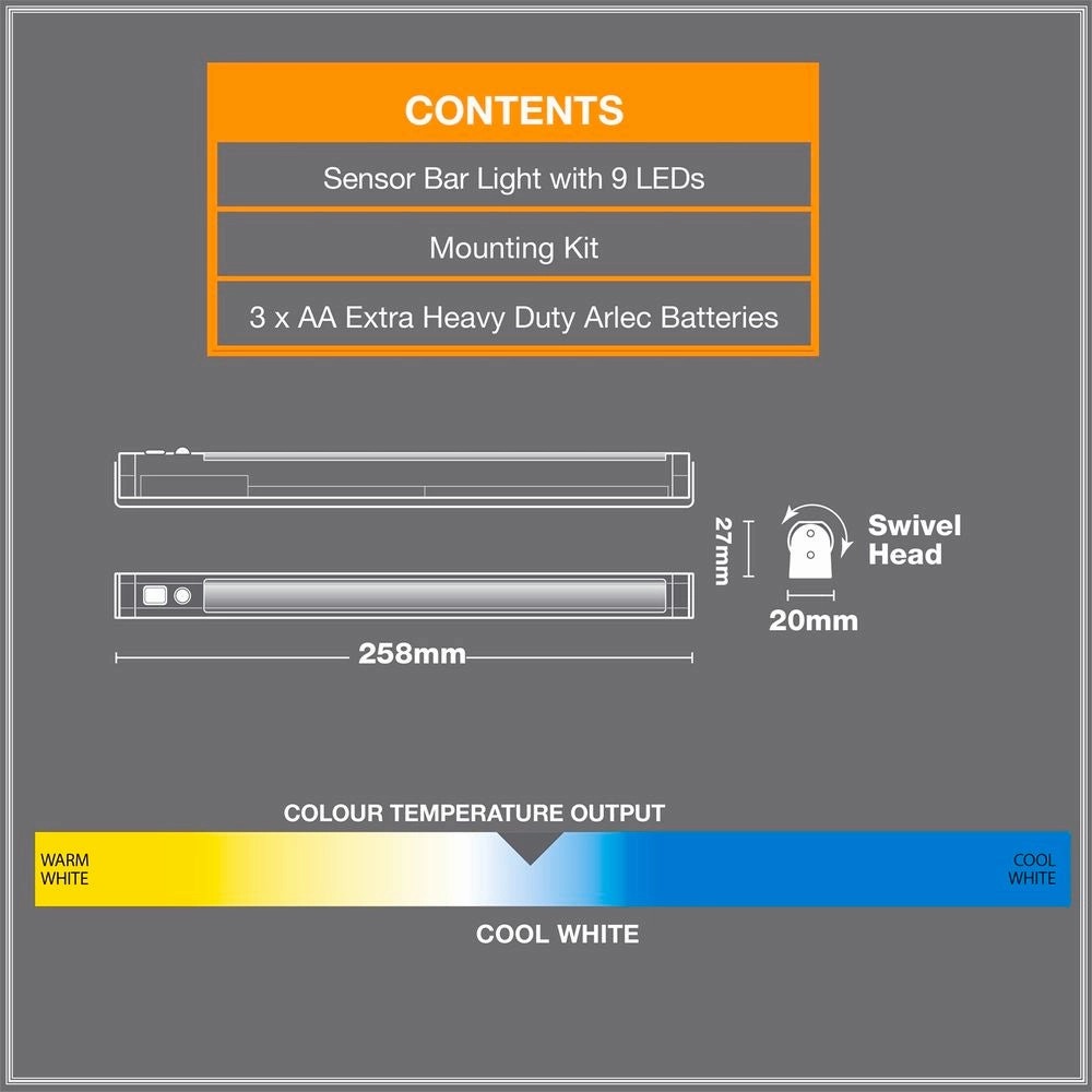 Arlec 9 LED Battery Operated Under Cabinet Sensor Light with Batteries