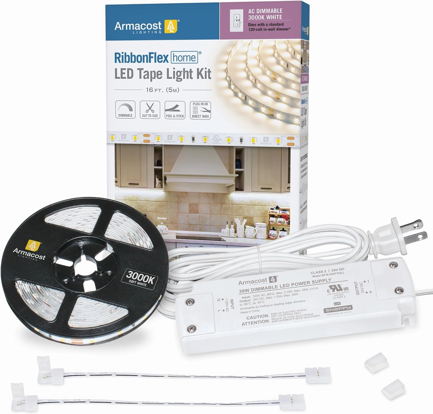 Armacost Lighting 421502 Ribbon Flex Home LED Tape Light Kit, 16 ft, AC Dimmable (3000K) 300 LED Lights