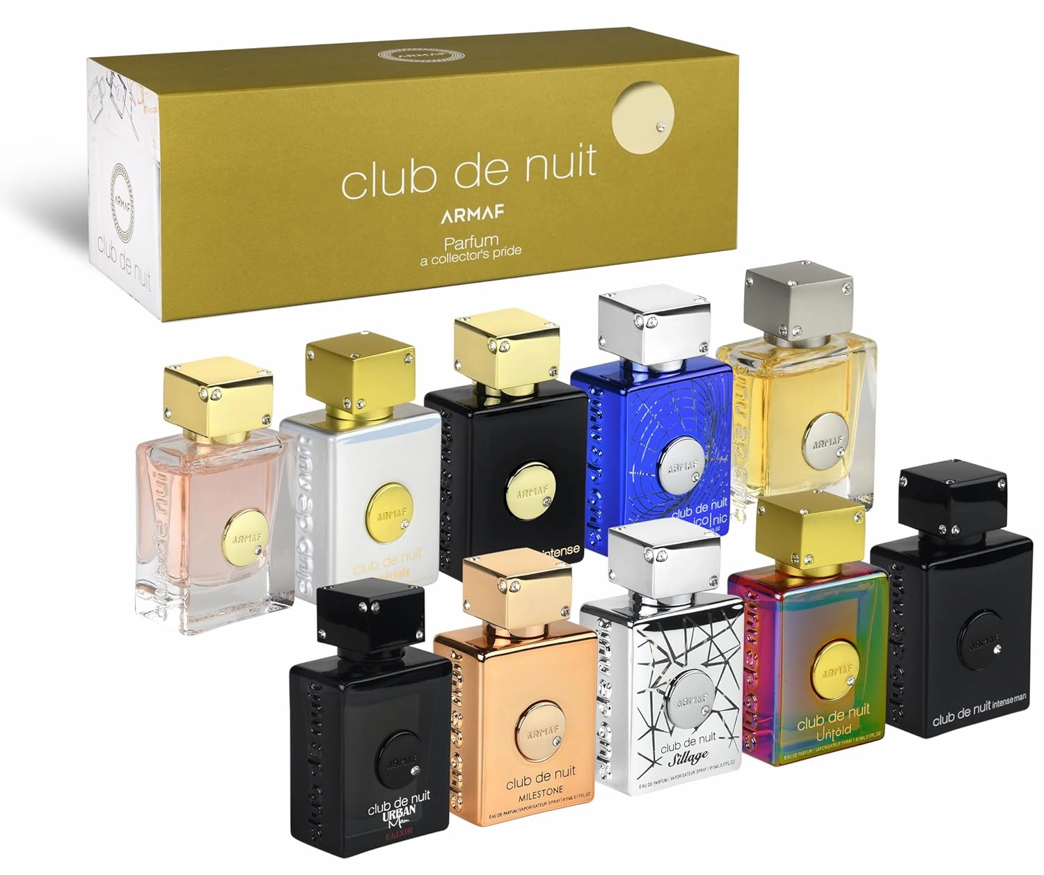 Armaf Club De Nuit Parfum MINI 10 Piece 0.17 oz Each - Club De Nuit Intense Man, Sillage, Urban Man Elixir, Iconic, Club De Nuit Women, Milestone, Untold, Imperiale, For Men & Women