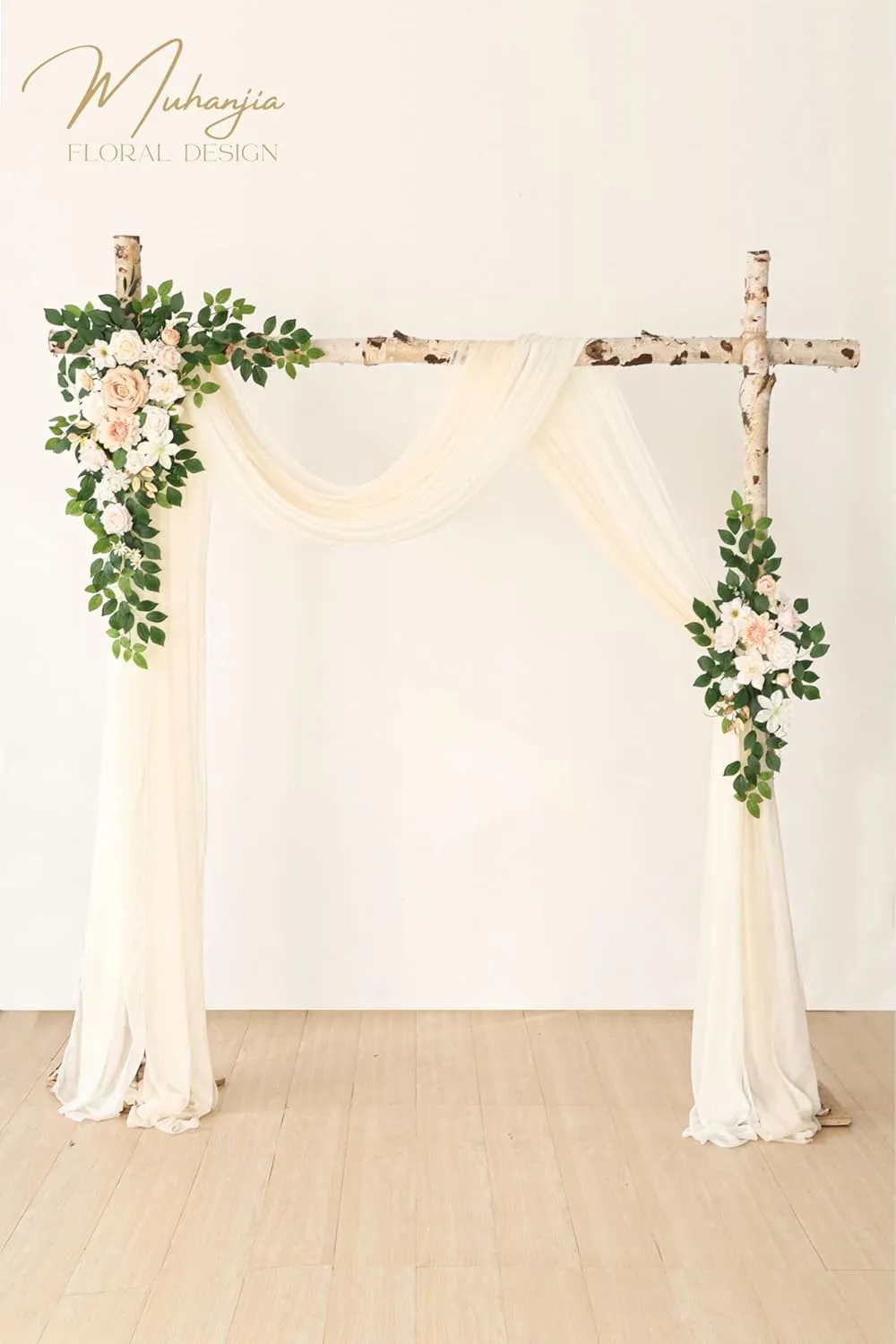 Artificial Wedding Arch Flowers Kit(Pack of 4),2Pcs Artificial Flower Arch Decor, 2Pcs Chiffon Fabric Drapes, Ceremony Decoration, Floral Outdoor Party Decor (Champagne & Cream)