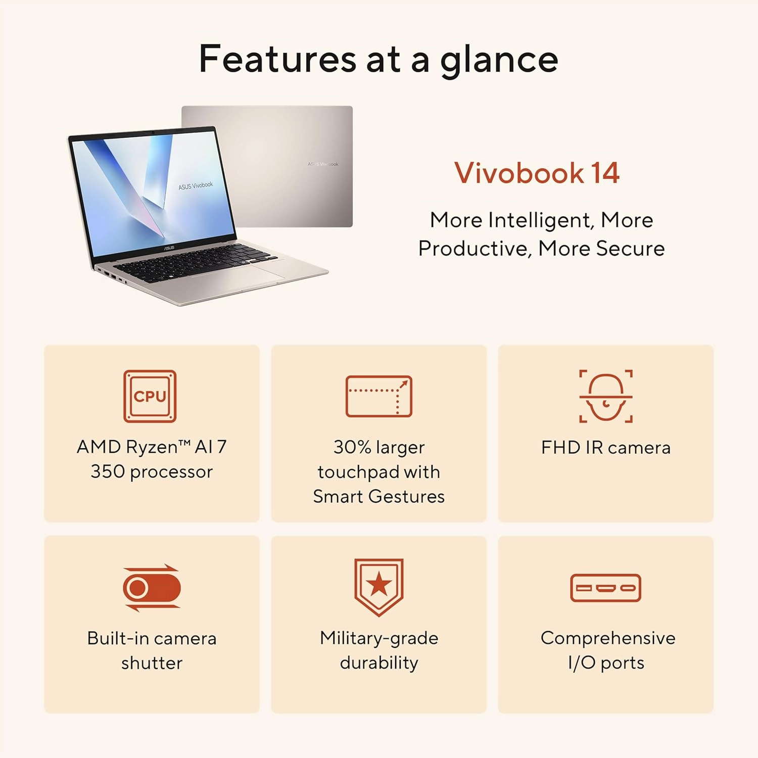 ASUS Vivobook 14 Laptop, Copilot  PC, 14” WUXGA 60Hz Display, AMD Ryzen AI 7 350 with XDNA NPU, AMD Radeon Graphics, 16GB RAM, 512GB SSD, Platinum Gold, M1407KA-PS74