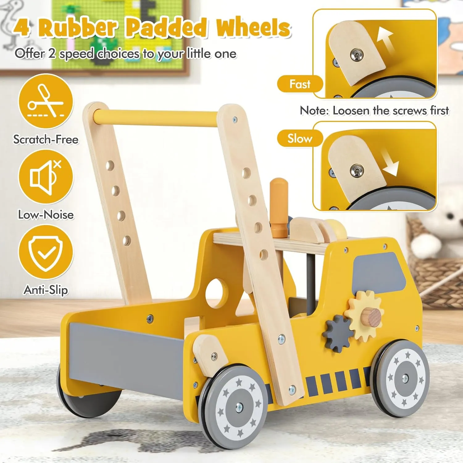 BABY JOY Wooden Baby Walker, Pretend Play Tool Bench, Push and Pull Learning Walker Activity Center, Toddler Montessori Educational Toy for Boys Girls