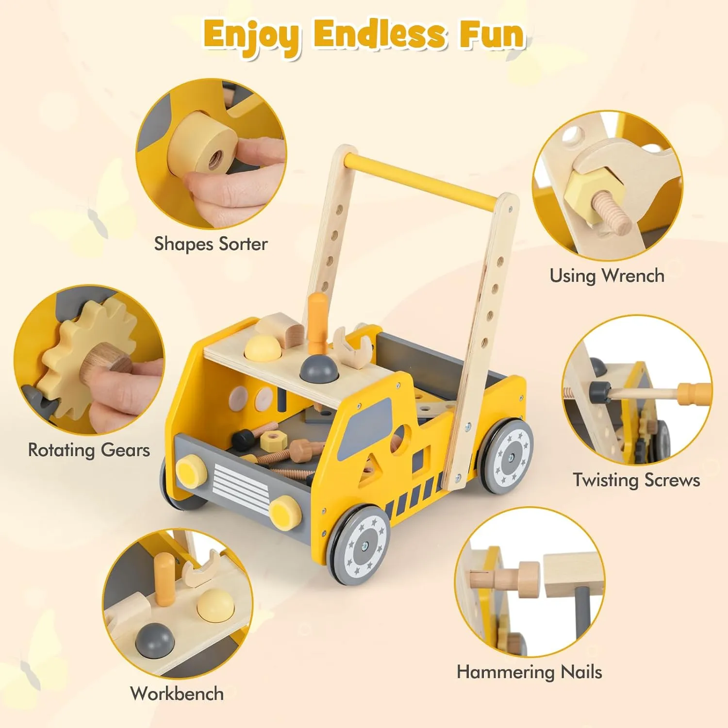 BABY JOY Wooden Baby Walker, Pretend Play Tool Bench, Push and Pull Learning Walker Activity Center, Toddler Montessori Educational Toy for Boys Girls