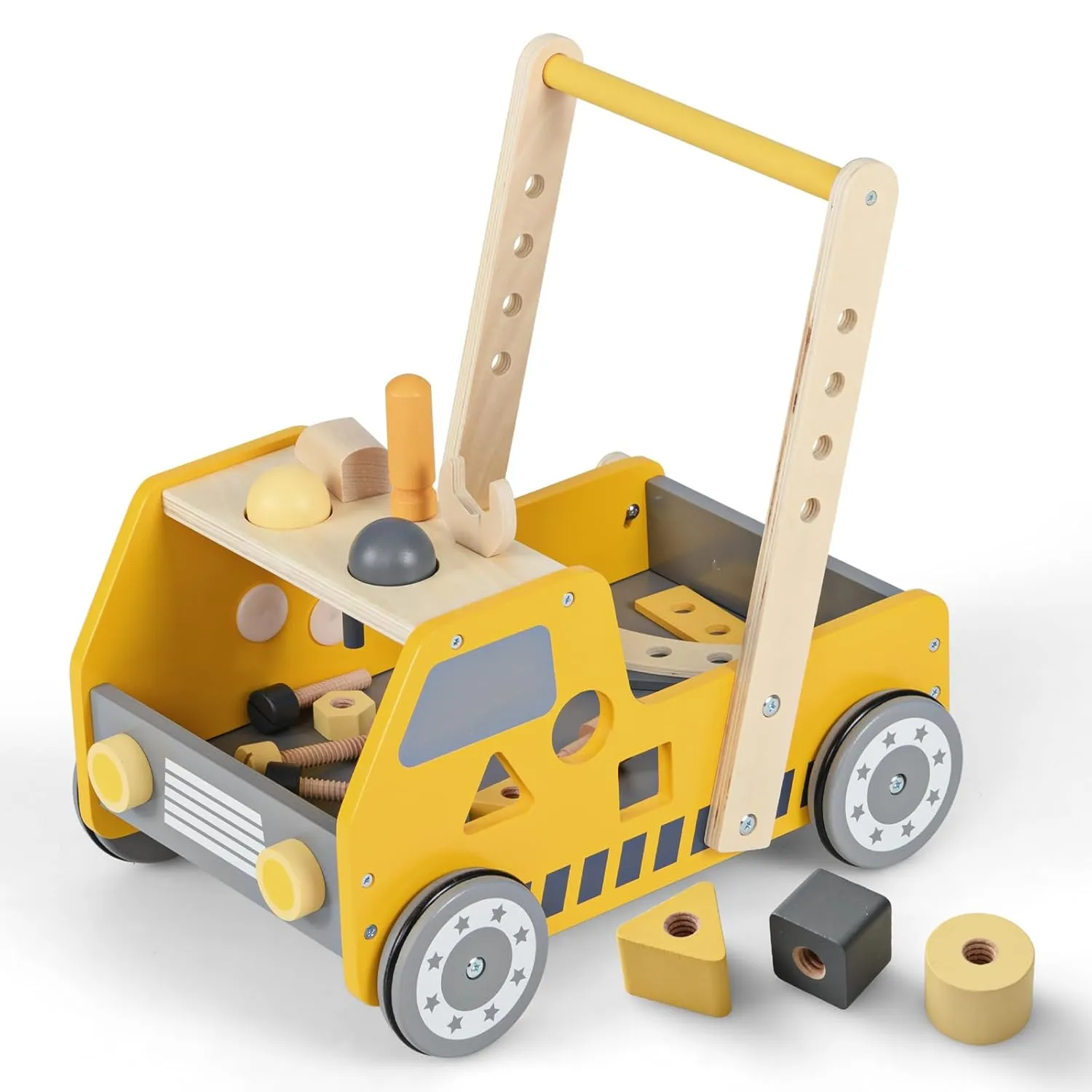 BABY JOY Wooden Baby Walker, Pretend Play Tool Bench, Push and Pull Learning Walker Activity Center, Toddler Montessori Educational Toy for Boys Girls