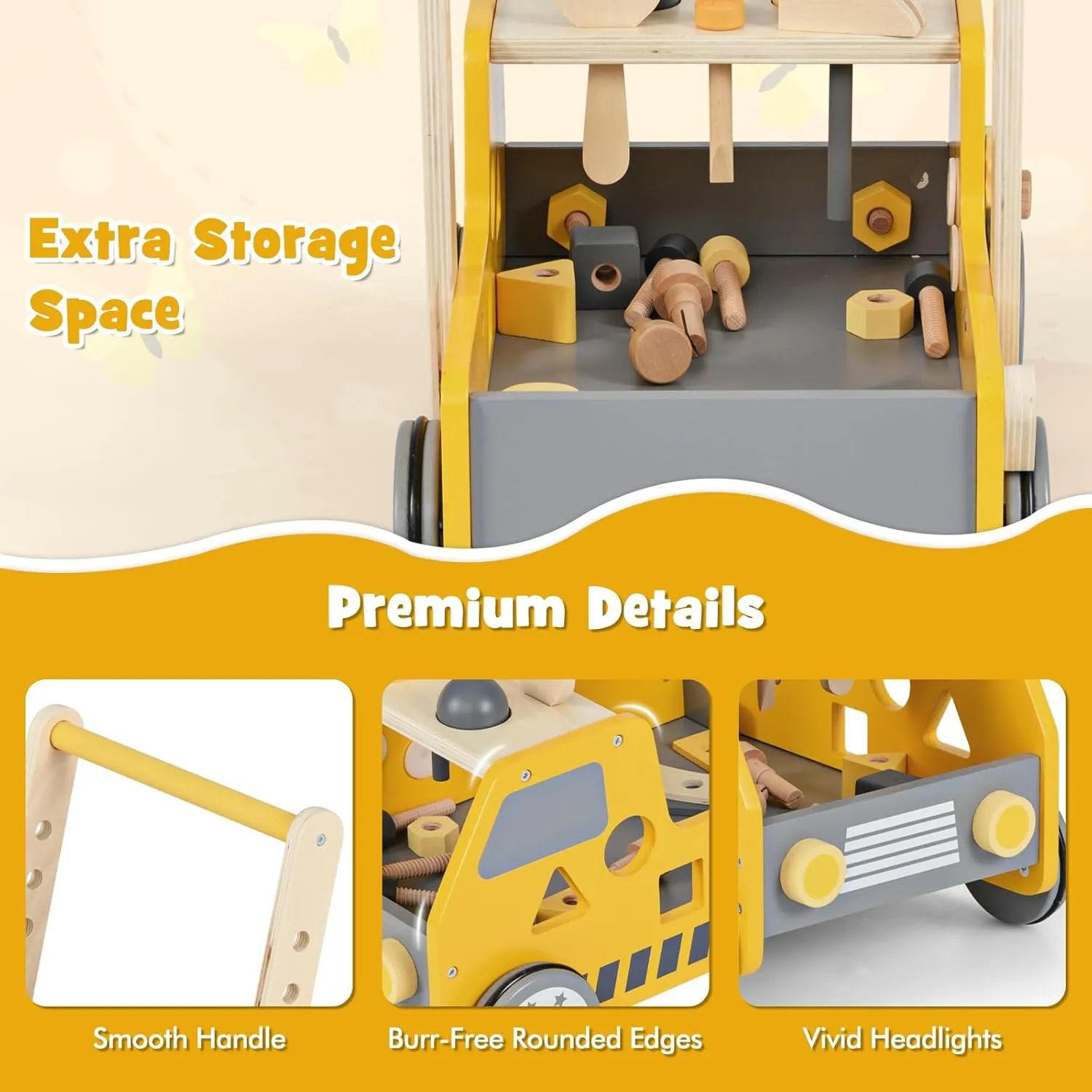 BABY JOY Wooden Baby Walker, Pretend Play Tool Bench, Push and Pull Learning Walker Activity Center, Toddler Montessori Educational Toy for Boys Girls