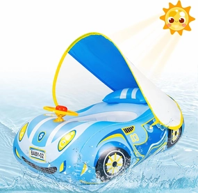 Baby Pool Float with Canopy: Baby Floats for Infants Toddler 6-48 Months Qoosea Swimming Floaties with UPF50  Sun Protection & Toy Play Steering Wheel & Patch Kit