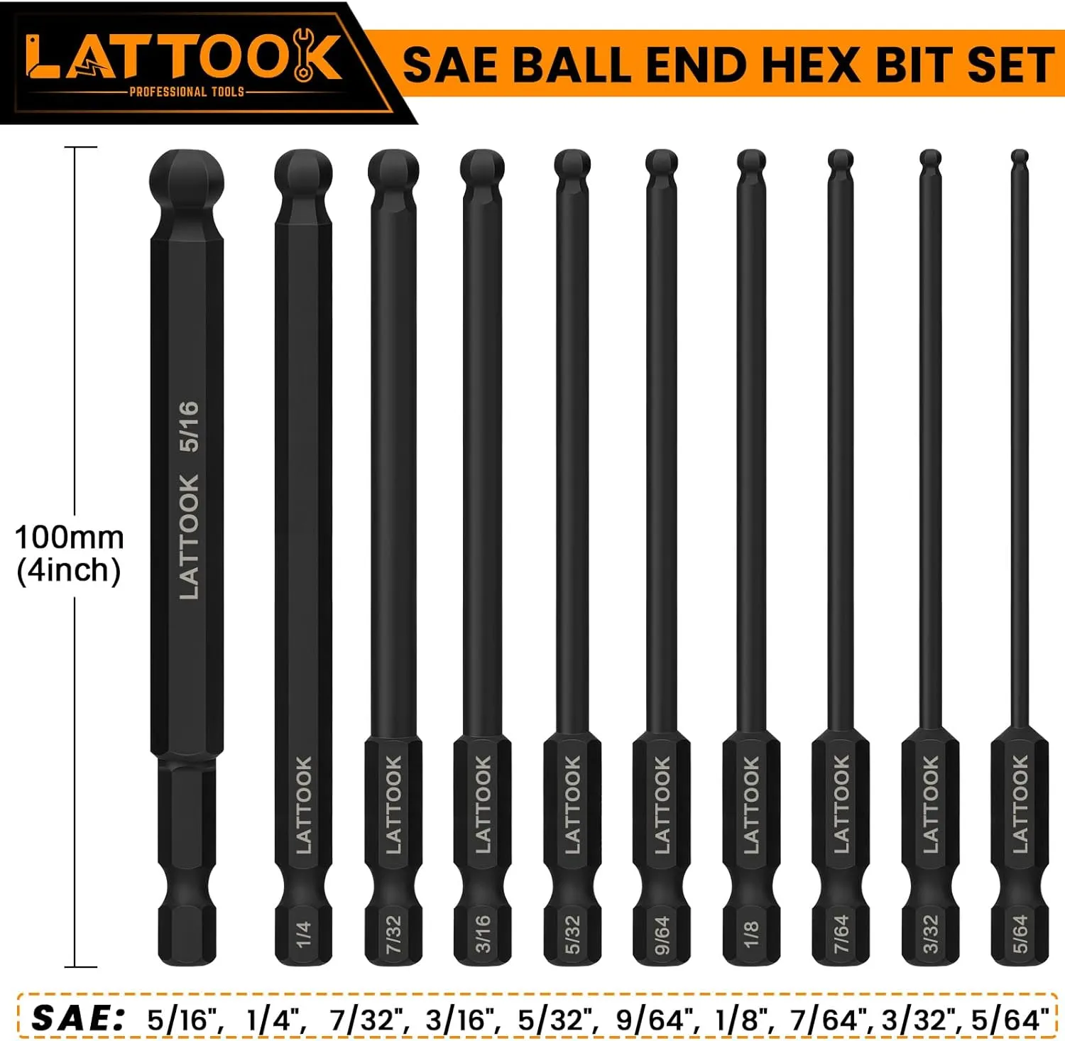 Ball End Hex Head Allen Wrench Drill Bit Set, LATTOOK 22PCS Metric & SAE Ball End Hex Bit Set Allen Key Bit Set Hex Key Drill Bit Set, S2 Steel with Magnetic, 4'' Long