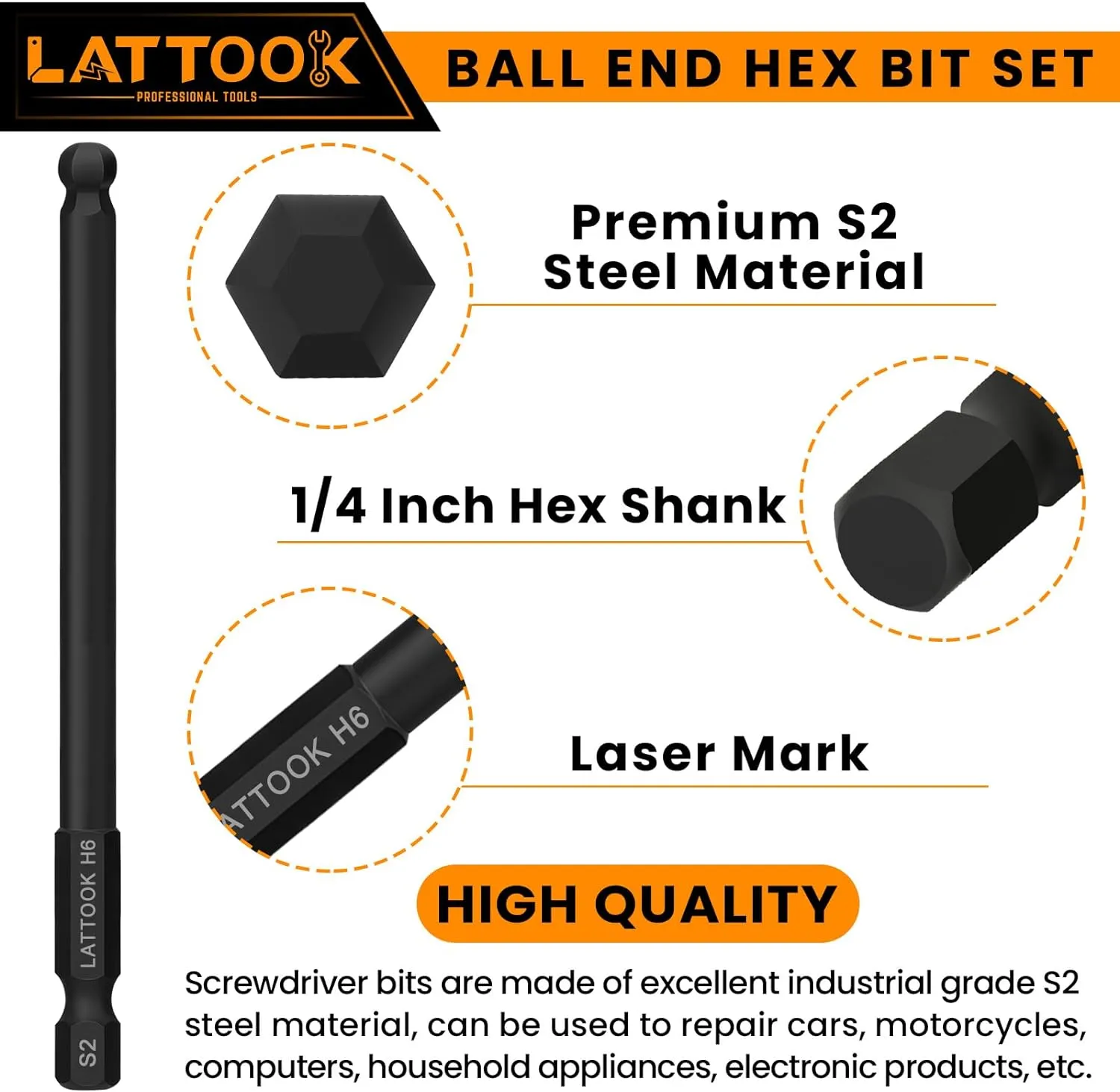 Ball End Hex Head Allen Wrench Drill Bit Set, LATTOOK 22PCS Metric & SAE Ball End Hex Bit Set Allen Key Bit Set Hex Key Drill Bit Set, S2 Steel with Magnetic, 4'' Long