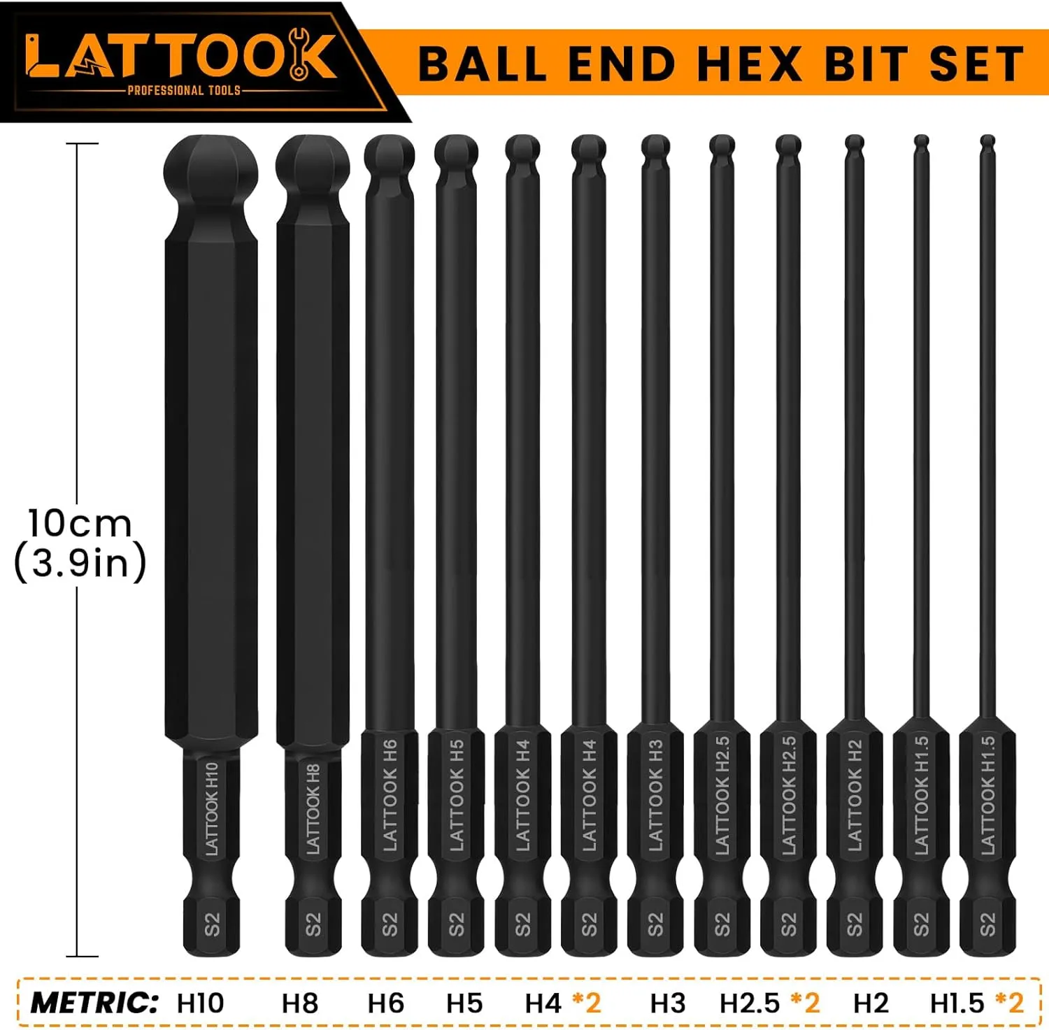 Ball End Hex Head Allen Wrench Drill Bit Set, LATTOOK 22PCS Metric & SAE Ball End Hex Bit Set Allen Key Bit Set Hex Key Drill Bit Set, S2 Steel with Magnetic, 4'' Long