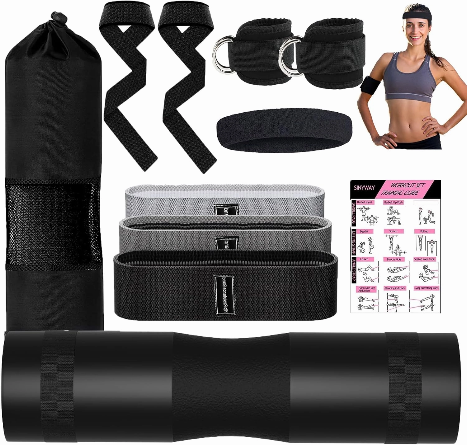 Barbell Pad Set, 10Pcs Gym Accessories Barbell Squat Pad for Hip Thrusts Lunges Leg Day with 2 Gym Ankle Straps, 3 Resistance Bands, 2 Lifting Strap, Pull Up Bands, Sweatbands, Barbell Pad & Carry Bag