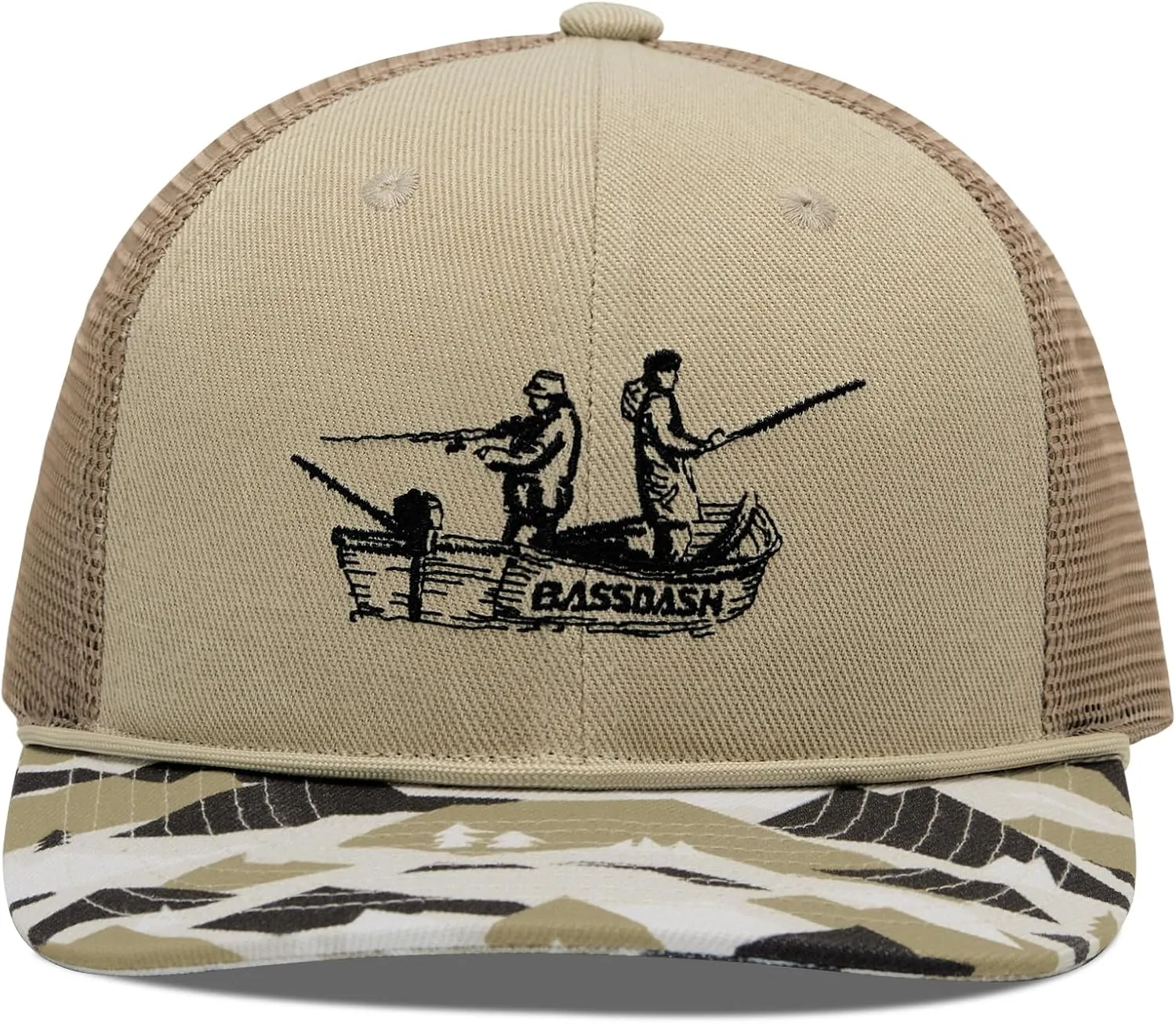 BASSDASH Camo Rope Trucker Hat Adjustable Embroidered Baseball Cap Mesh Back for Duck Deer Hunting Fly Fishing Camping