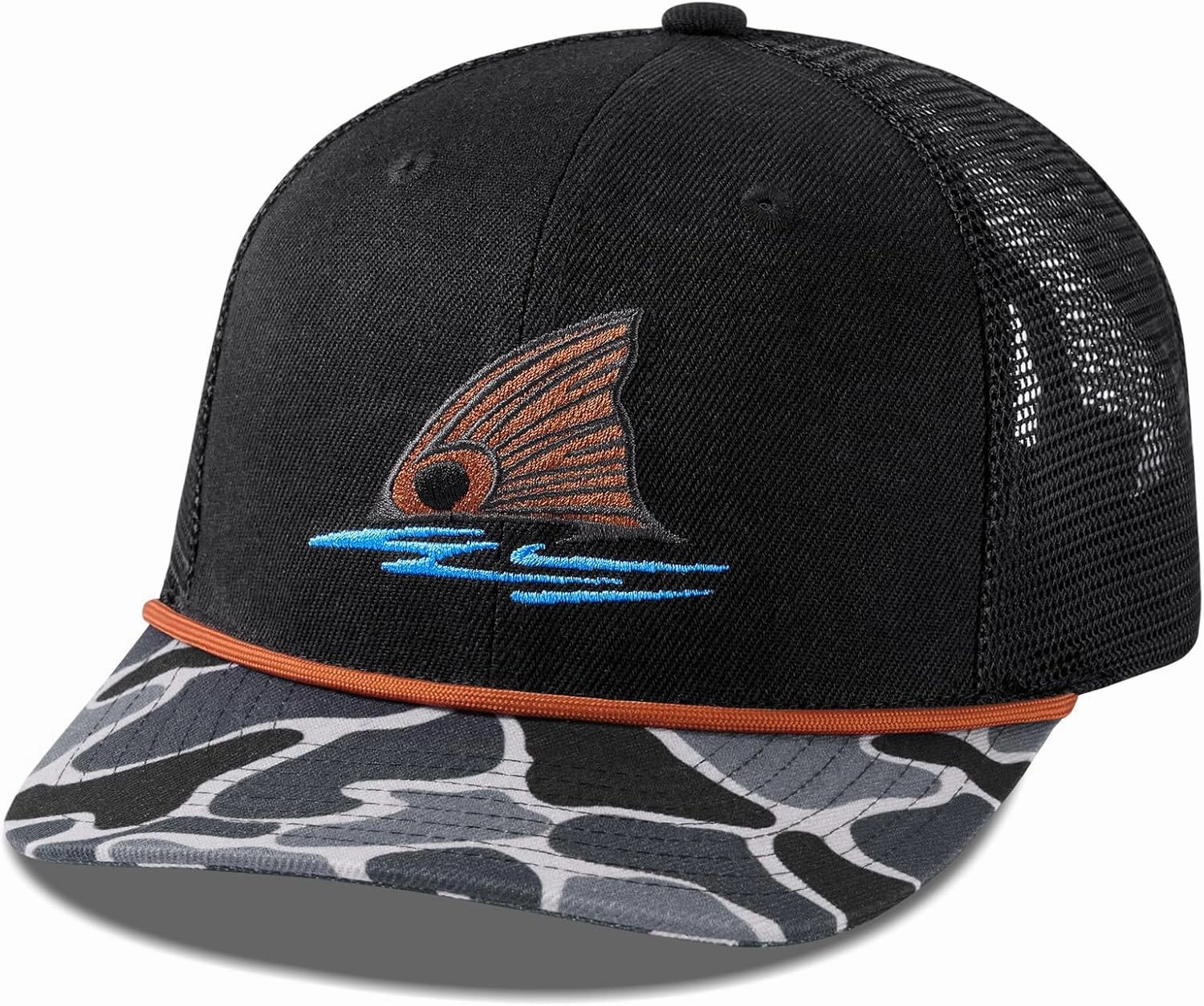 BASSDASH Camo Rope Trucker Hat Adjustable Embroidered Baseball Cap Mesh Back for Duck Deer Hunting Fly Fishing Camping