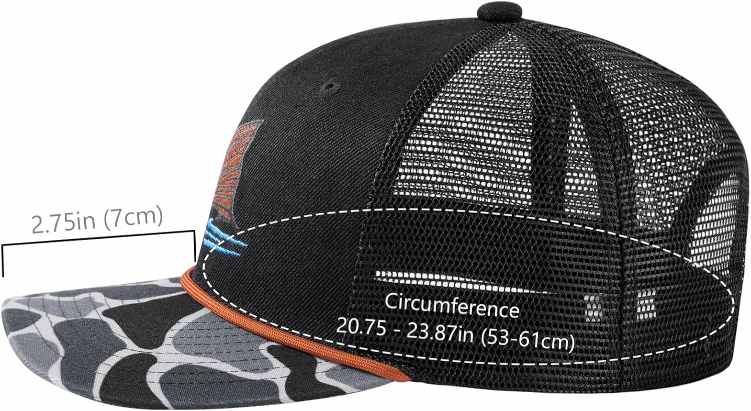 BASSDASH Camo Rope Trucker Hat Adjustable Embroidered Baseball Cap Mesh Back for Duck Deer Hunting Fly Fishing Camping