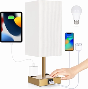 Bedside Lamp with USB Ports - Touch Control Table Lamp for Bedroom with USB C A Ports & AC Outlets, 3 Way Dimmable Nightstand Light with Pleated Shade for Living Room(Bulb Included)