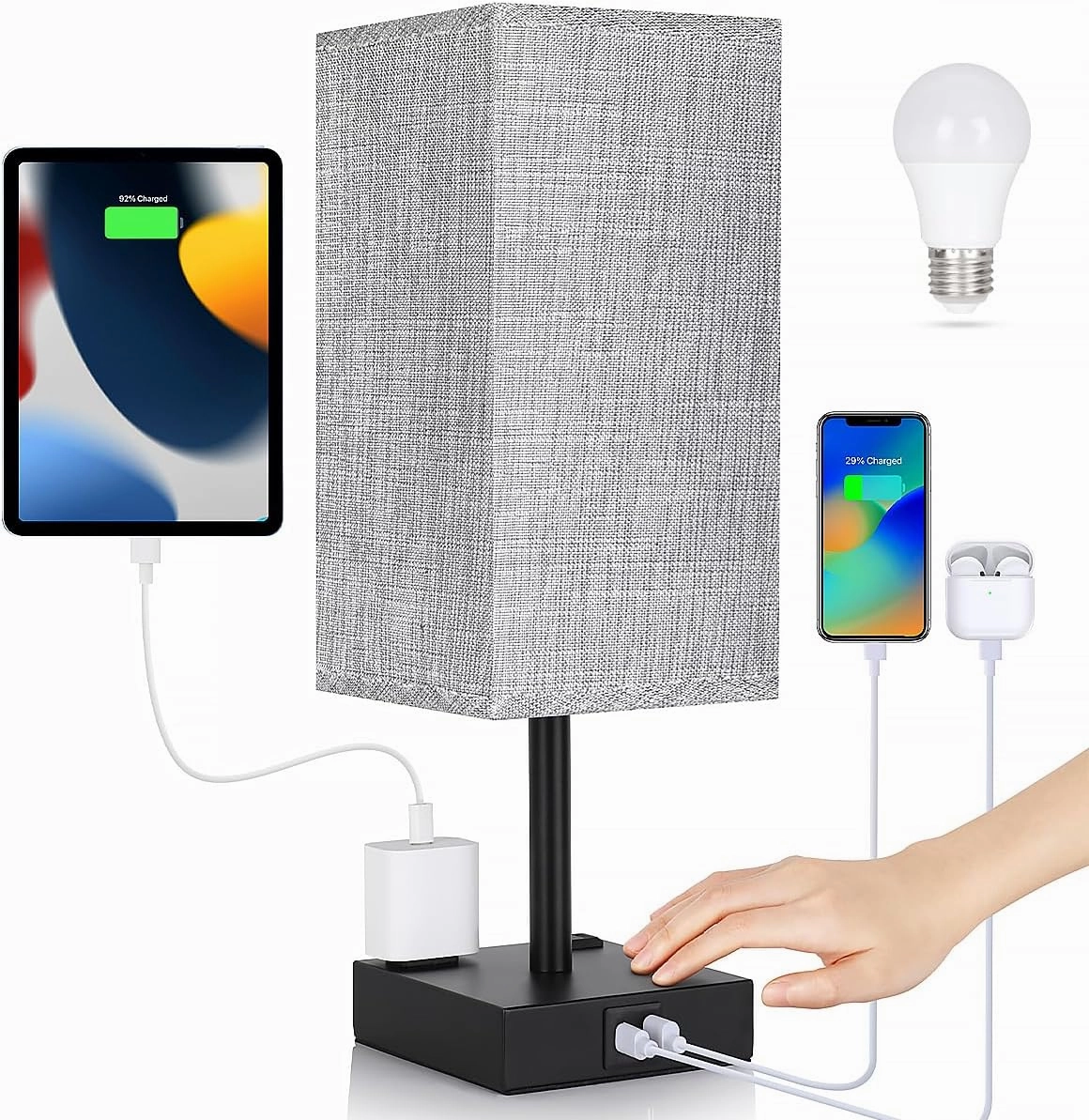 Bedside Table Lamp for Bedroom - Touch Small Lamp with USB C A Charging Ports & AC Outlets, 3 Way Dimmable Nightstand Light for Living Room (LED Bulb Included, Grey)