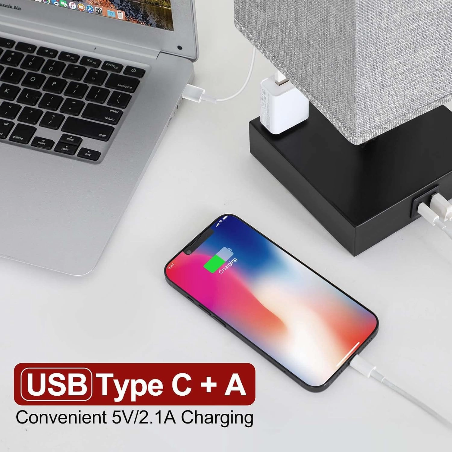 Bedside Table Lamp for Bedroom - Touch Small Lamp with USB C A Charging Ports & AC Outlets, 3 Way Dimmable Nightstand Light for Living Room (LED Bulb Included, Grey)