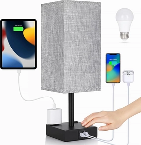 Bedside Table Lamp for Bedroom - Touch Small Lamp with USB C A Charging Ports & AC Outlets, 3 Way Dimmable Nightstand Light for Living Room (LED Bulb Included, Grey)