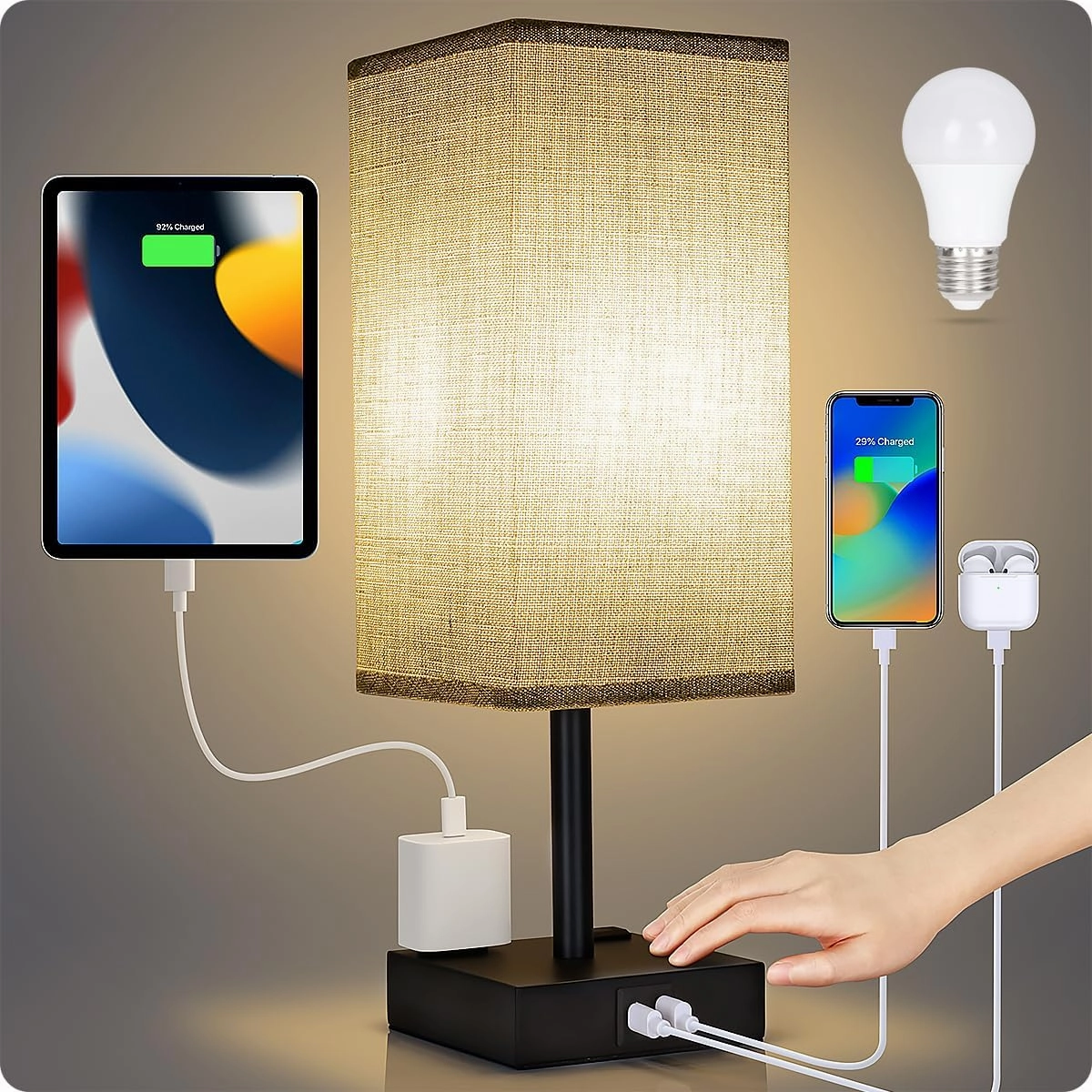 Bedside Table Lamp for Bedroom - Touch Small Lamp with USB C A Charging Ports & AC Outlets, 3 Way Dimmable Nightstand Light for Living Room (LED Bulb Included, Grey)
