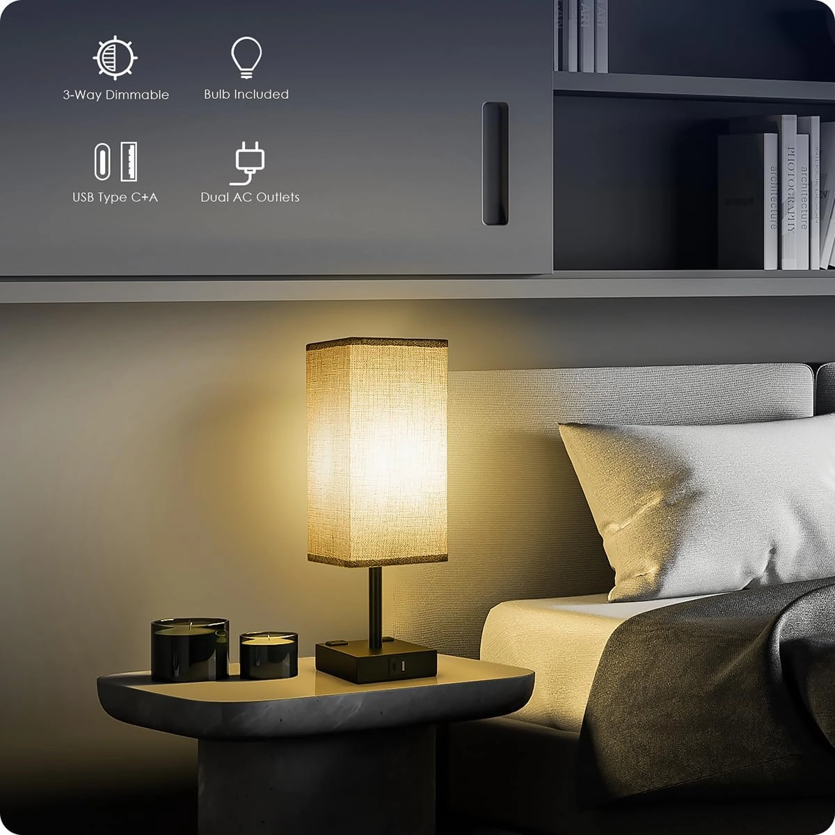 Bedside Table Lamp for Bedroom - Touch Small Lamp with USB C A Charging Ports & AC Outlets, 3 Way Dimmable Nightstand Light for Living Room (LED Bulb Included, Grey)