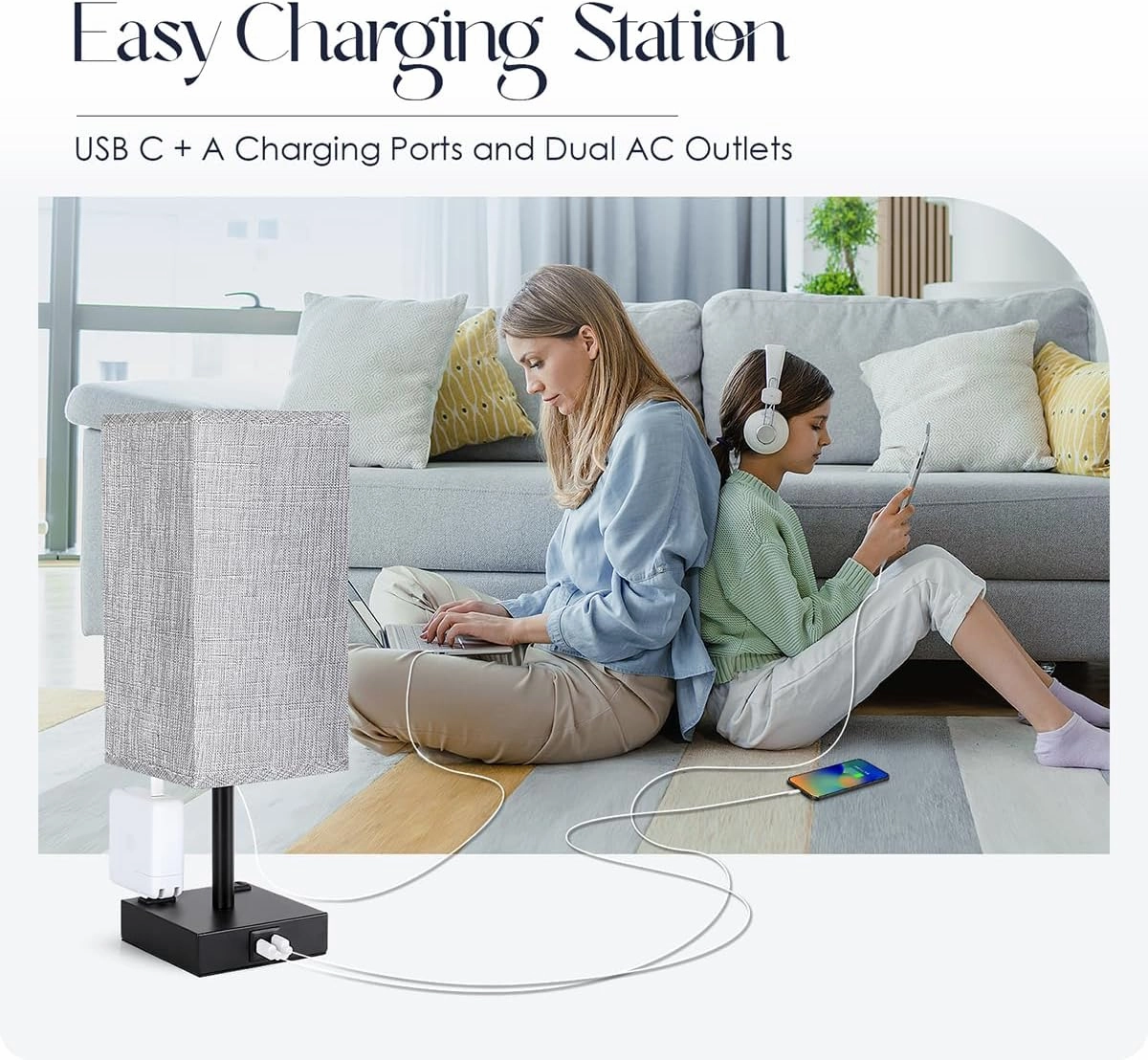 Bedside Table Lamp for Bedroom - Touch Small Lamp with USB C A Charging Ports & AC Outlets, 3 Way Dimmable Nightstand Light for Living Room (LED Bulb Included, Grey)