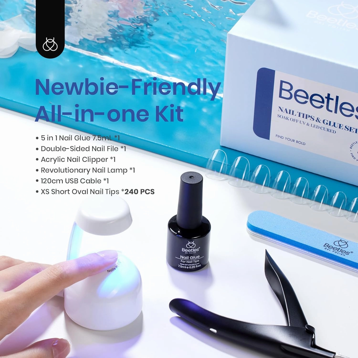 Beetles Gel Nail Kit Easy Nail Extension Set 240Pcs Soft Nail Tips Extra Short Oval Shape with 5 In 1 Nail Glue Gel and Uv Led Lamp Nail Art Home Manicure Set Acrylic False Nail Tips Kit