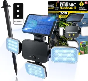 Bell Howell Bionic Flood Light ASON TV, Solar Lights Outdoor Waterproof- 50% Brighter 108 COB-LED's w/Motion Sensor 180° Swivel, Adjustable Panels for Garden, Lawn and Patio As Seen On TV