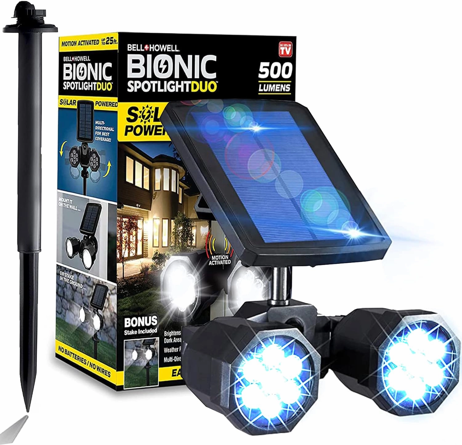 Bell Howell Bionic Duo Spotlight: Solar Outdoor Lights with Motion Sensor, Adjustable Heads, Super Bright LEDs - Waterproof Landscape Lighting for Patio, Yard, Garden - No Batteries Needed!