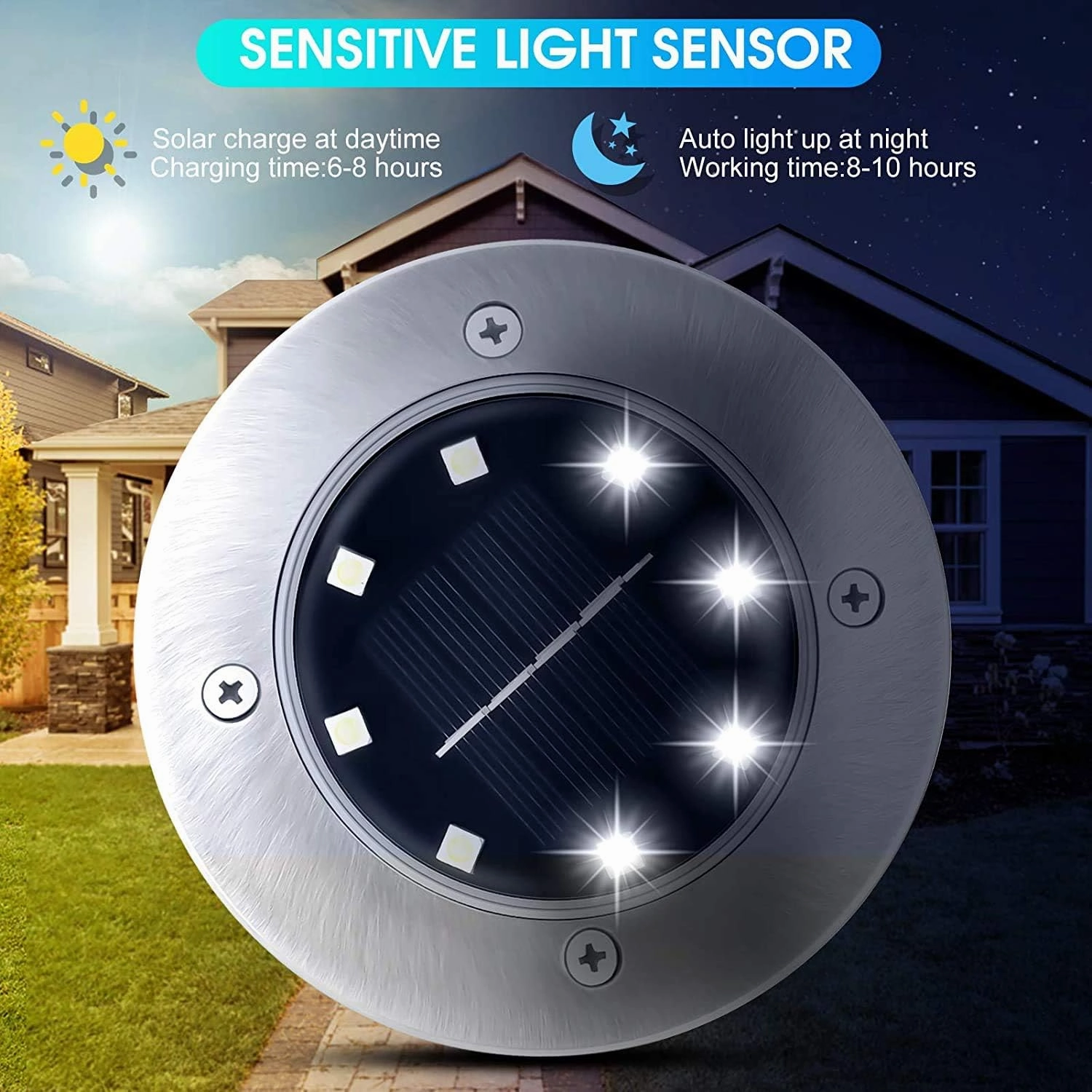 Bell Howell Disk Lights Deluxe Super Bright 8-LED Bulbs Solar-Powered Auto On/Off Outdoor Lighting, Waterproof Rust-Free Staineless Tops for Landscape, Garden, Pathway As Seen On TV (Set of 4)