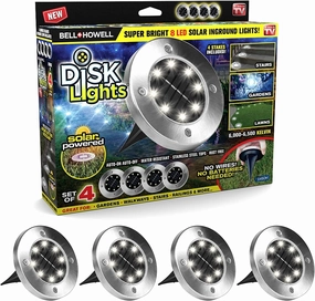 Bell Howell Disk Lights Deluxe Super Bright 8-LED Bulbs Solar-Powered Auto On/Off Outdoor Lighting, Waterproof Rust-Free Staineless Tops for Landscape, Garden, Pathway As Seen On TV (Set of 4)