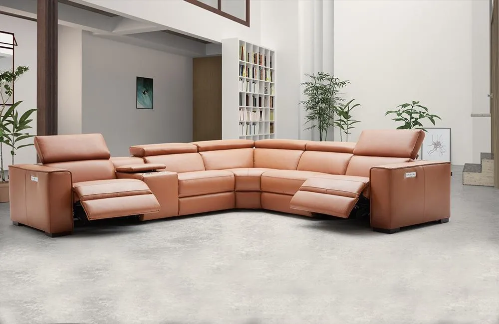 Bellagio Orange Leather Sectional with Recliners