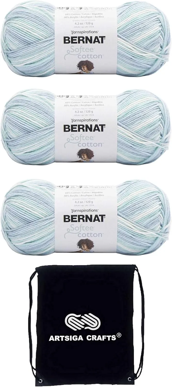 Bernat Softee Cotton Refresh 161269-69020 (3-Skeins - Same Dye Lot) DK Light Worsted #3 Cotton, Acrylic Yarn for Crocheting and Knitting with Project Bag