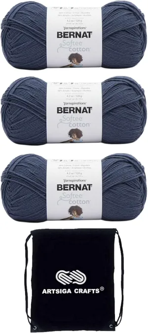 Bernat Softee Cotton Seaside Blue 161269-69011 (3-Skeins - Same Dye Lot) DK Light Worsted #3 Cotton, Acrylic Yarn for Crocheting and Knitting with Project Bag