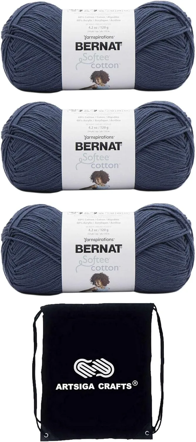 Bernat Softee Cotton Seaside Blue 161269-69011 (3-Skeins - Same Dye Lot) DK Light Worsted #3 Cotton, Acrylic Yarn for Crocheting and Knitting with Project Bag