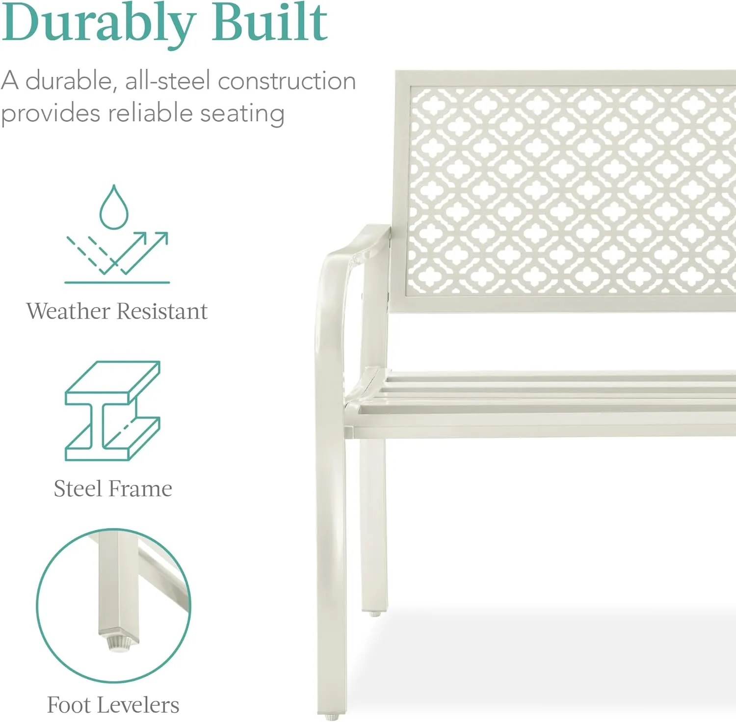Best Choice Products Outdoor Bench 2-Person Metal Steel Benches Furniture for Garden, Patio, Porch, Entryway w/Geometric Backrest, 790lb Capacity - Ivory