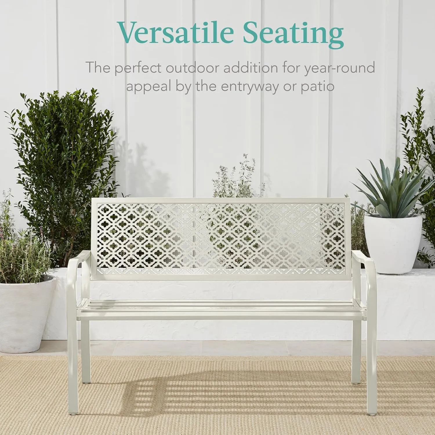 Best Choice Products Outdoor Bench 2-Person Metal Steel Benches Furniture for Garden, Patio, Porch, Entryway w/Geometric Backrest, 790lb Capacity - Ivory