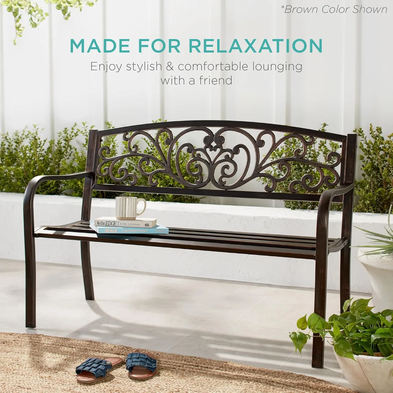 Best Choice Products Outdoor Bench Steel Garden Patio Porch Furniture for Lawn, Park, Deck w/Floral Design Backrest, Slatted Seat - Brown