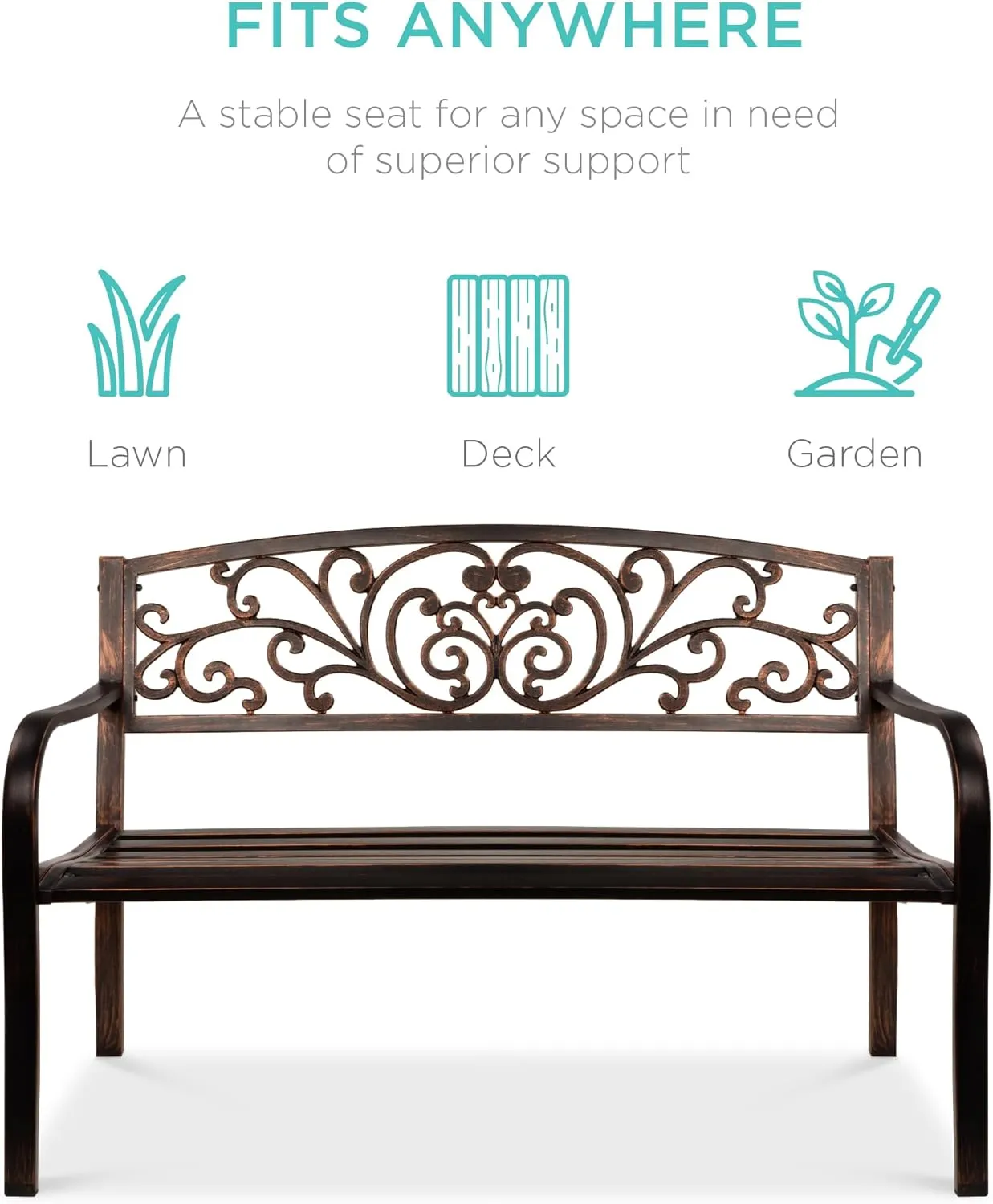 Best Choice Products Outdoor Bench Steel Garden Patio Porch Furniture for Lawn, Park, Deck w/Floral Design Backrest, Slatted Seat - Brown