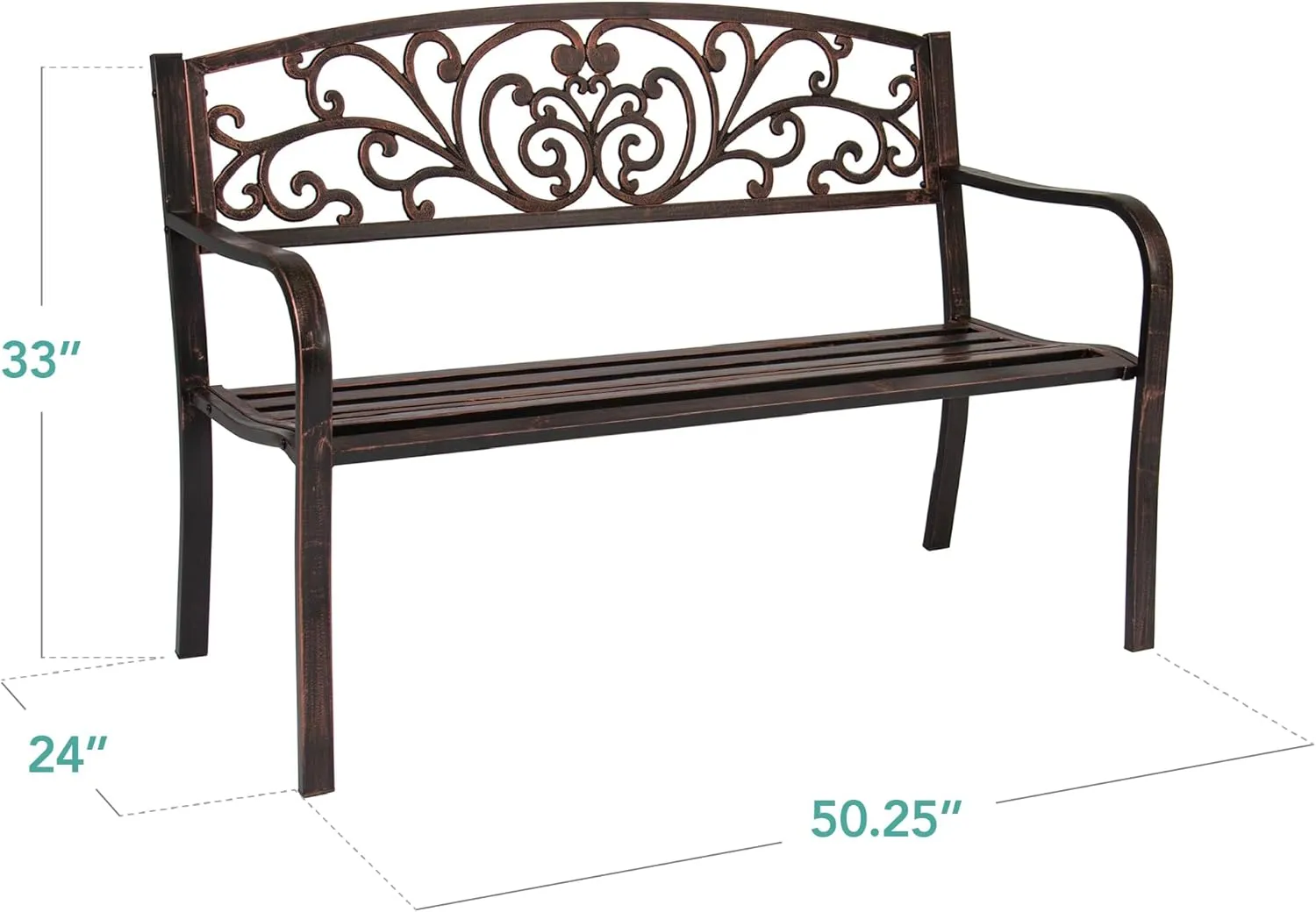 Best Choice Products Outdoor Bench Steel Garden Patio Porch Furniture for Lawn, Park, Deck w/Floral Design Backrest, Slatted Seat - Brown