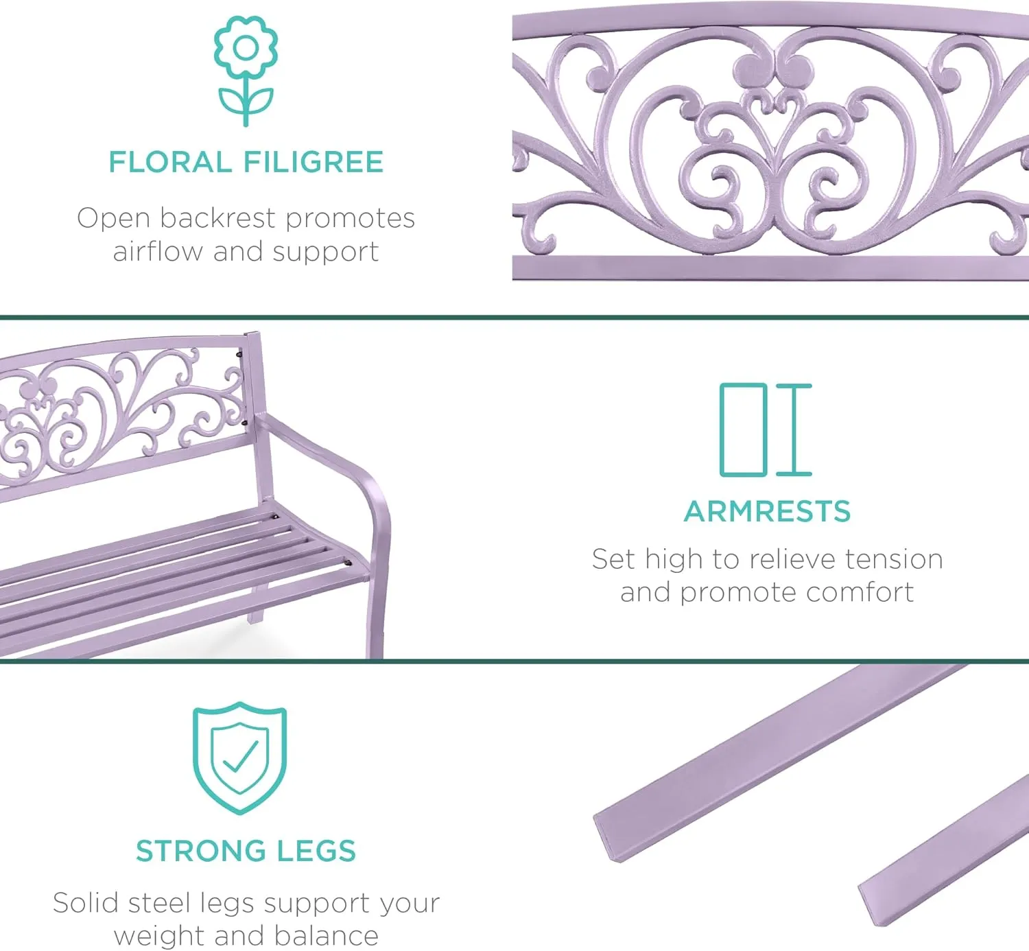 Best Choice Products Outdoor Bench Steel Garden Patio Porch Furniture for Lawn, Park, Deck w/Floral Design Backrest, Slatted Seat - Lavender