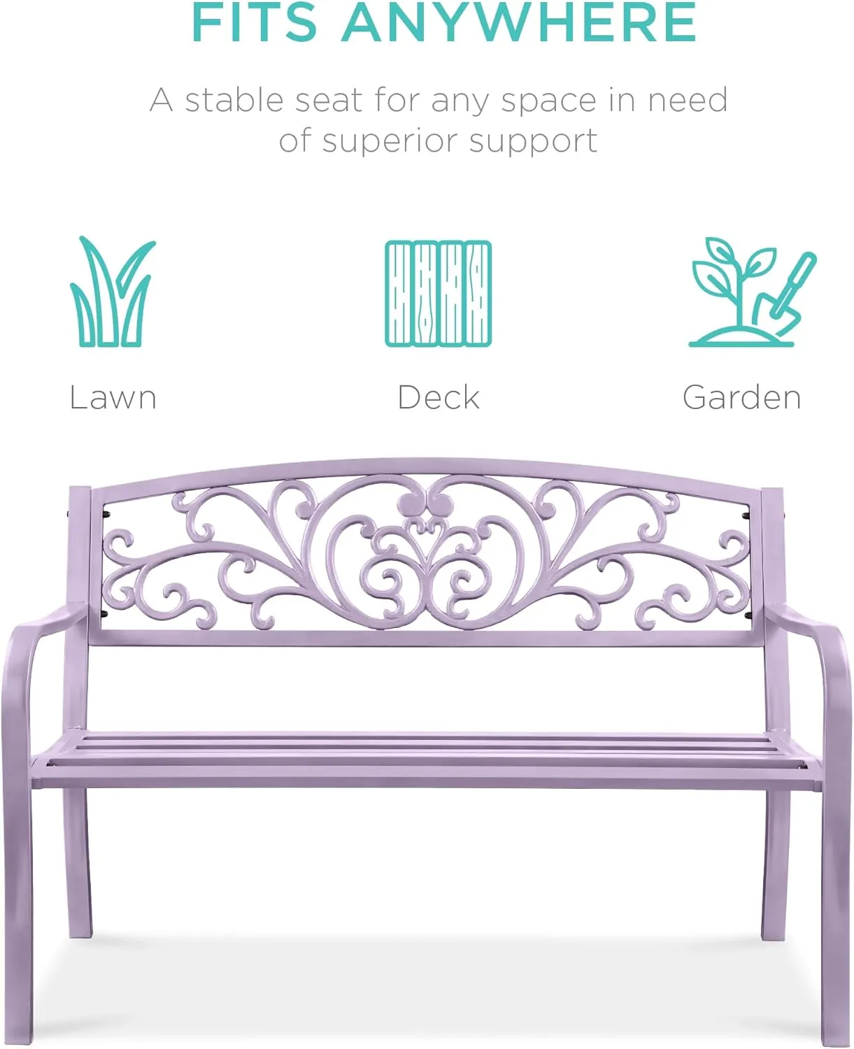 Best Choice Products Outdoor Bench Steel Garden Patio Porch Furniture for Lawn, Park, Deck w/Floral Design Backrest, Slatted Seat - Lavender