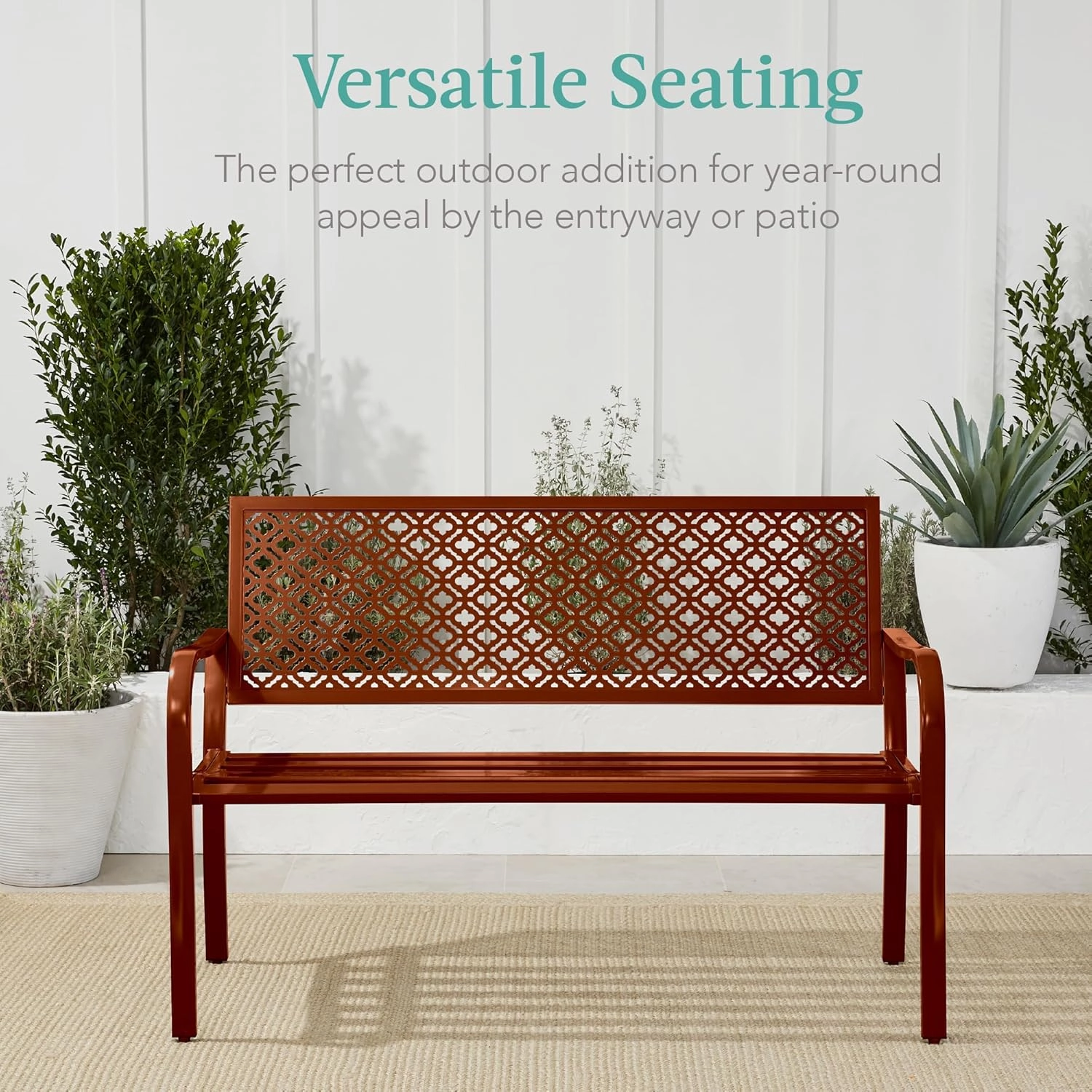Best Choice Products Outdoor Bench 2-Person Metal Steel Benches Furniture for Garden, Patio, Porch, Entryway w/Geometric Backrest, 790lb Capacity - Rust