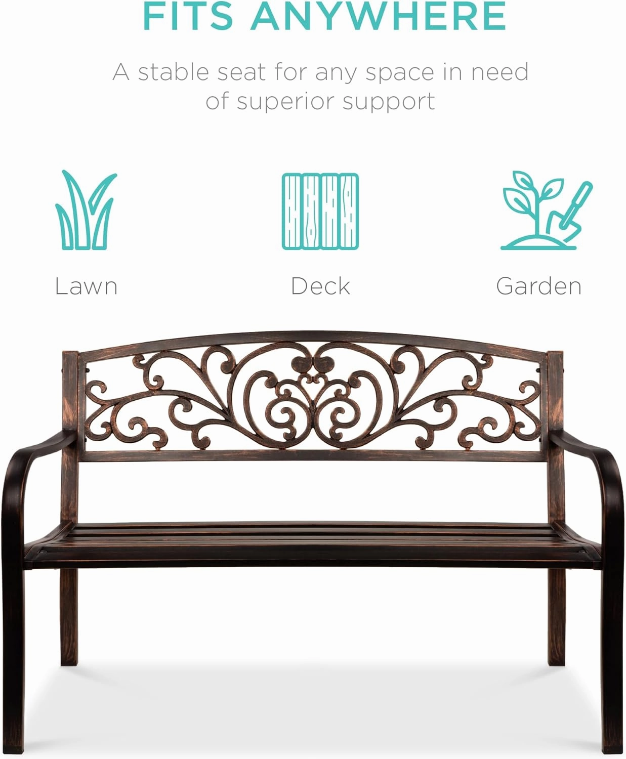 Best Choice Products Outdoor Bench Steel Garden Patio Porch Furniture for Lawn, Park, Deck w/Floral Design Backrest, Slatted Seat - Brown