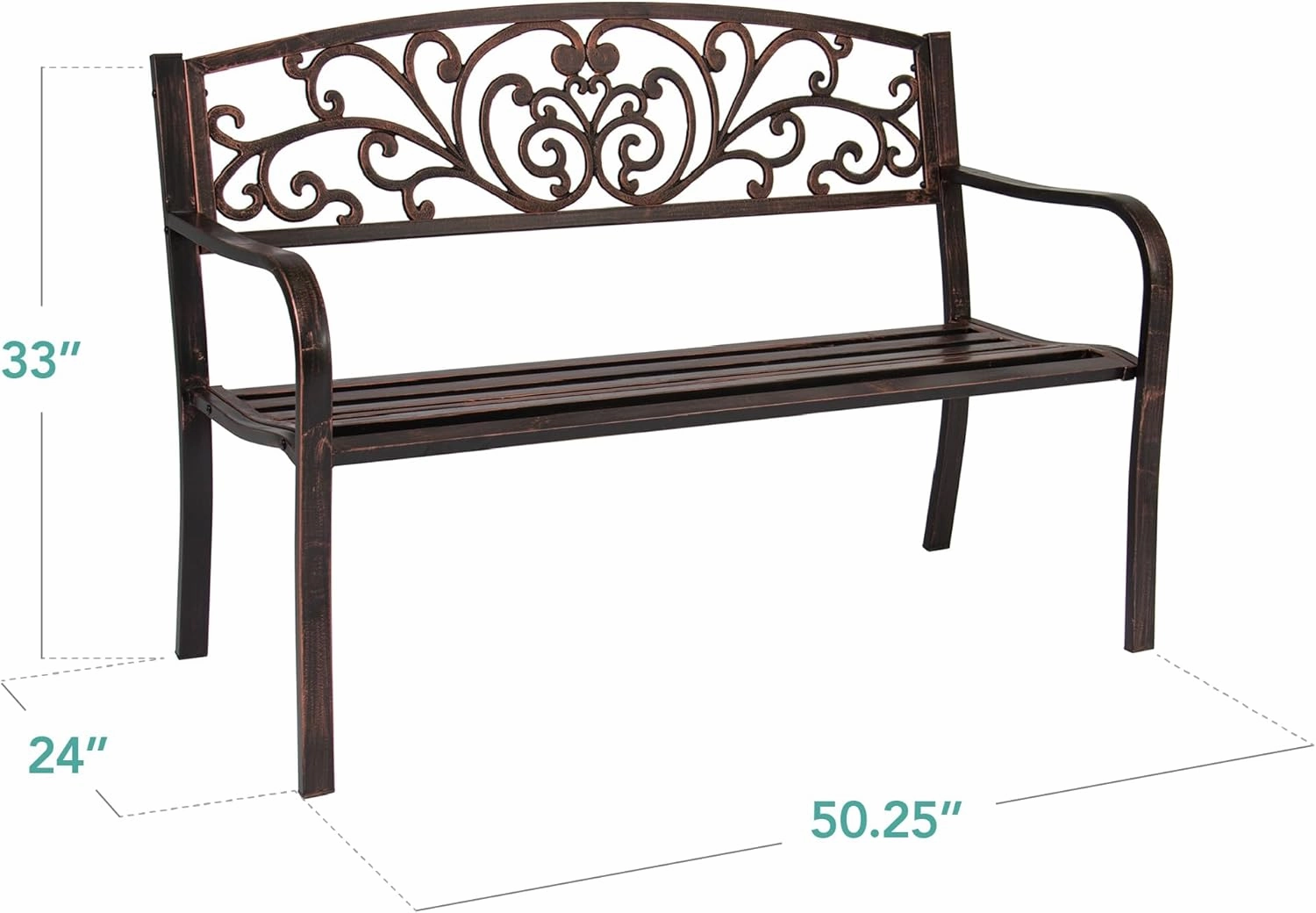 Best Choice Products Outdoor Bench Steel Garden Patio Porch Furniture for Lawn, Park, Deck w/Floral Design Backrest, Slatted Seat - Brown
