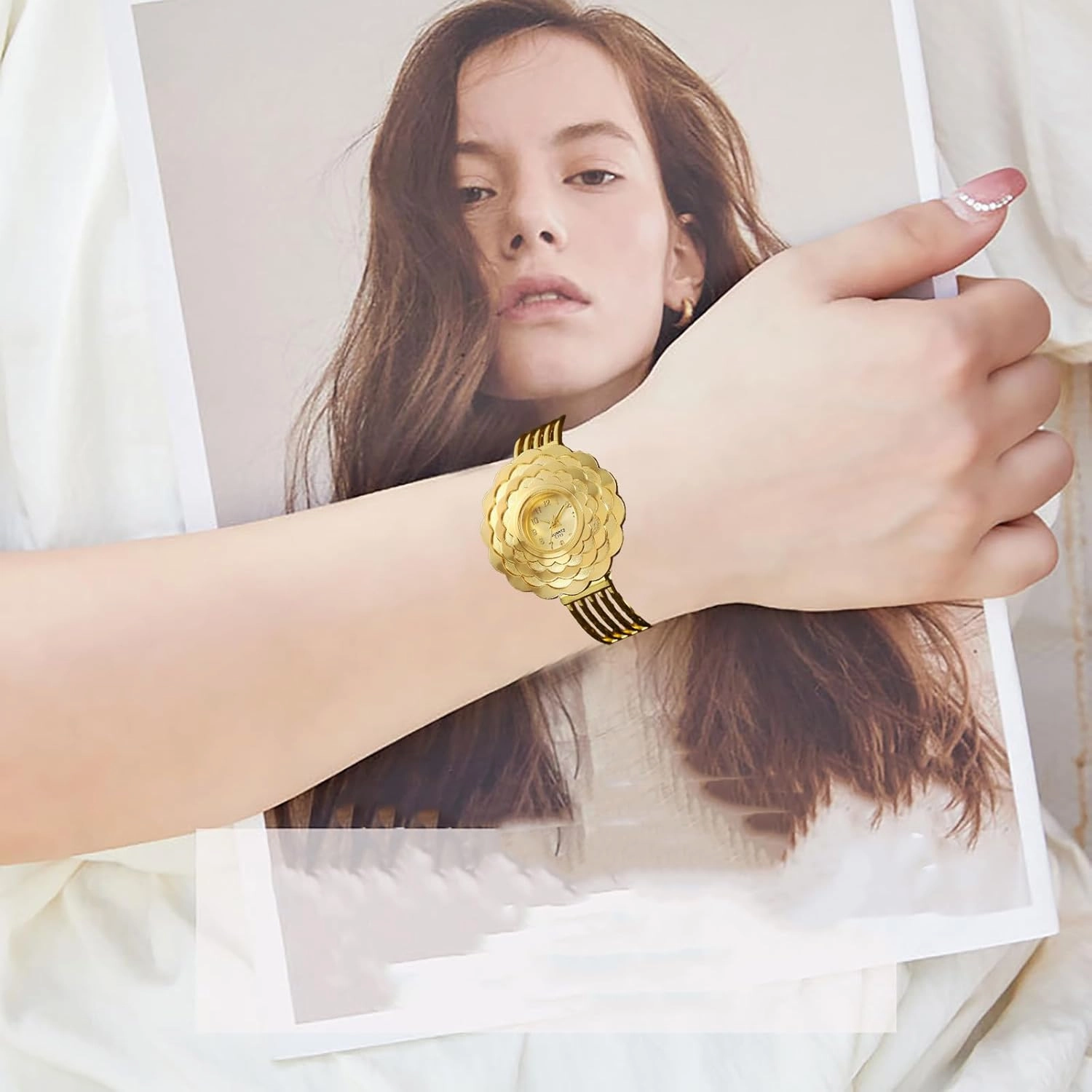 BESTKANG Womens Luxury Watch Flower Shape Cuff Bracelet Analog Quartz Wrist Watch Fashion Casual Watches for Women